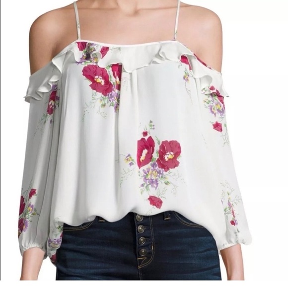 Women's "Cold Shoulder" Floral  Silk Blouse - Picture 1 of 5